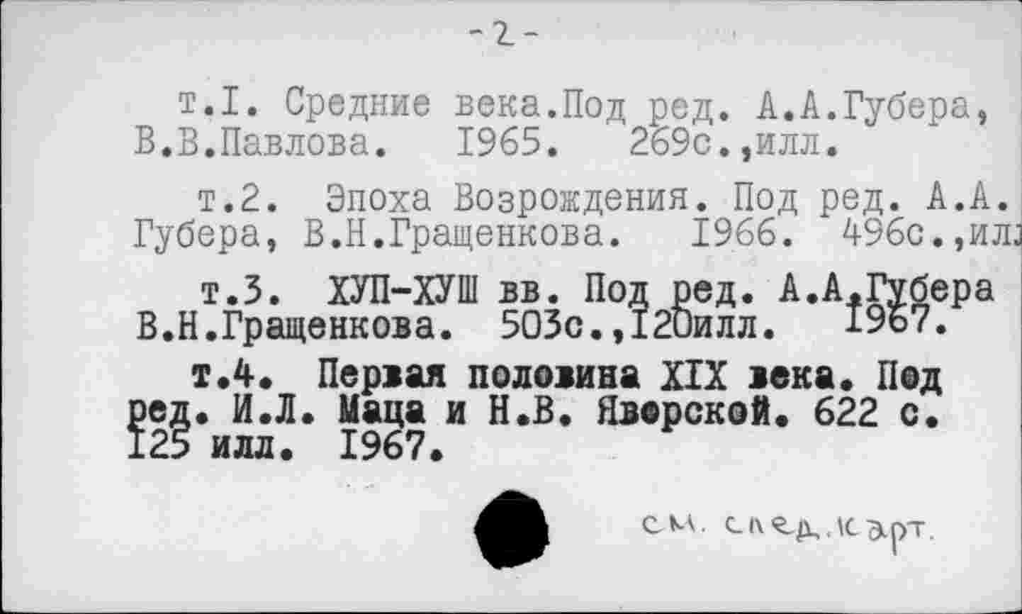 ﻿-z-
t.I. Средние века.Под ред. А.А.Губера, В.В.Павлова. 1965.	269с.,илл.
т.2. Эпоха Возрождения. Под ред. А.А. Губера, В.Н.Гращенкова.	1966. 496с.,ил,
т.З. ХУП-ХУШ вв. Под ред. А.А.Губера В.Н.Гращенкова. 503с.,120илл.	19ь7.
т.4. Первая половина XIX века. Под ред. И.Л. Маца и Н.В. Яворской. 622 с. 125 илл. 1967.
см.
